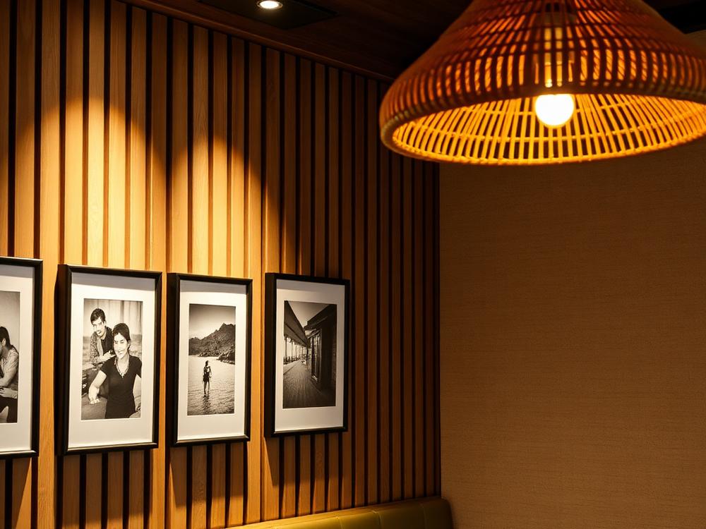 Mur de photos noir et blanc encadrées sur des tasseaux de bois
